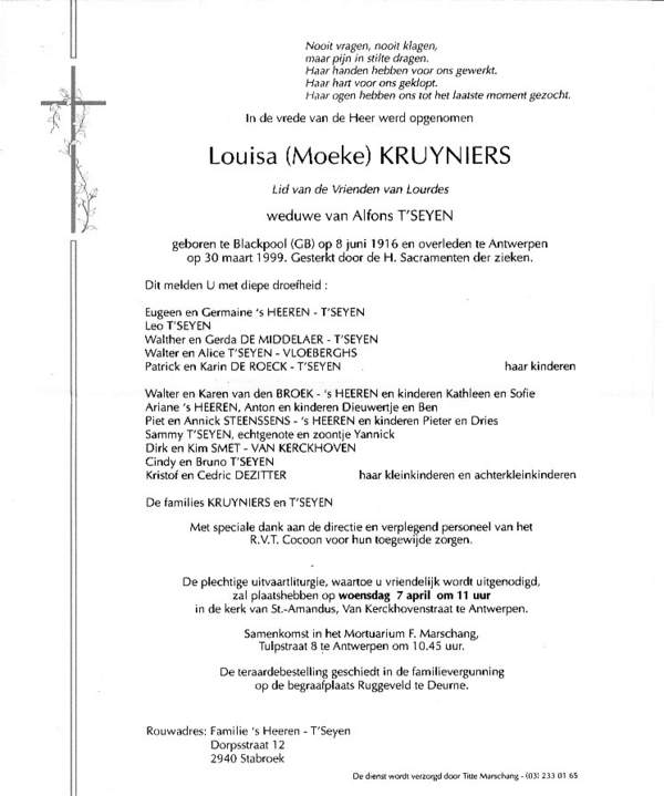 Overlijdensbrief Louisa Kruyniers